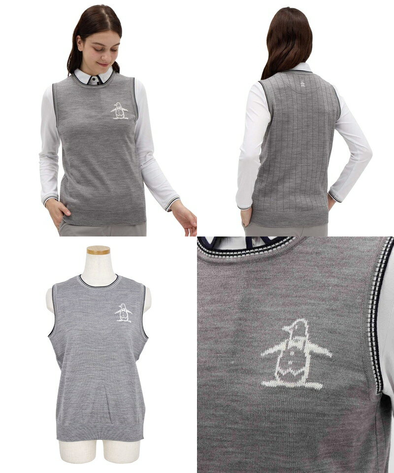 【ブラックフライデーP10倍】マンシングウェア Munsingwear レディース ベスト ニットベスト クルーネック 配色ライン ペンギンインターシャデザイン ウール混紡 M〜3Lまでご用意 【送料無料】 2025 秋冬 新作 ゴルフウェア