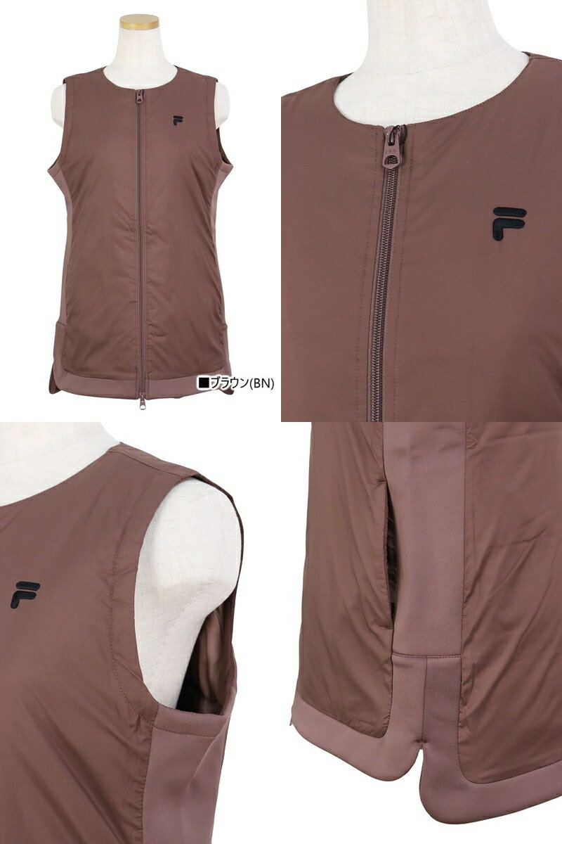 【50％OFF SALE】フィラ フィラゴルフ FILA GOLF レディース ベスト ダウンベスト チュニック丈 撥水 保温 サイドストレッチ素材切替 ノーカラーデザイン ラウンドヘム M〜3L ゴルフウェア 【送料無料】
