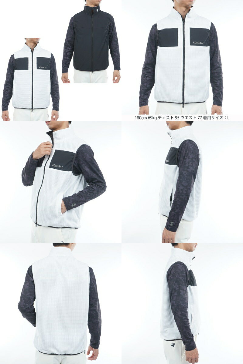 アドミラルゴルフ Admiral Golf 日本正規品 メンズ ベスト リバーシブルベスト フリース×ストレッチタフタ素材 撥水 保温 ストレッチ 配色切替デザイン 2WAY ロゴプリント 【送料無料】 2025 秋冬 新作 ゴルフウェア