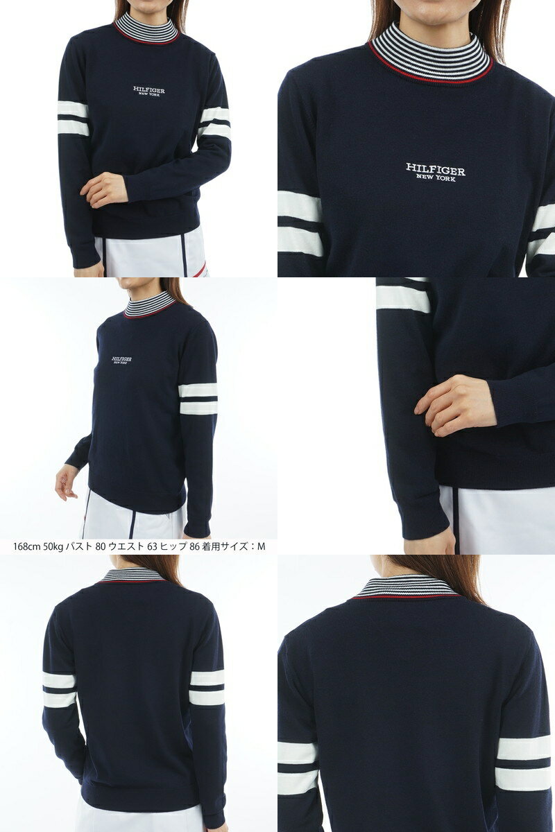 トミー ヒルフィガー ゴルフ TOMMY HILFIGER GOLF 日本正規品 レディース セーター ハイネックニット プルオーバー 袖配色ライン 襟ボーダーデザイン ロゴ刺繍 天竺編み 毛混 ハイゲージニット 【送料無料】 2025 秋冬 新作 ゴルフウェア