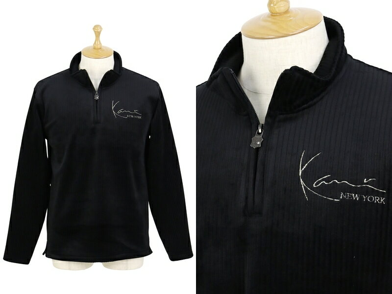 カール カナイ ゴルフ Karl Kani GOLF メンズ ポロシャツ 長袖 ハーフジップシャツ ハイネックシャツ ストレッチ 裏起毛 保温 ベロアタッチ 縦畝 光沢感 ラメロゴ刺繍 【送料無料】 2025 秋冬 新作 ゴルフウェア