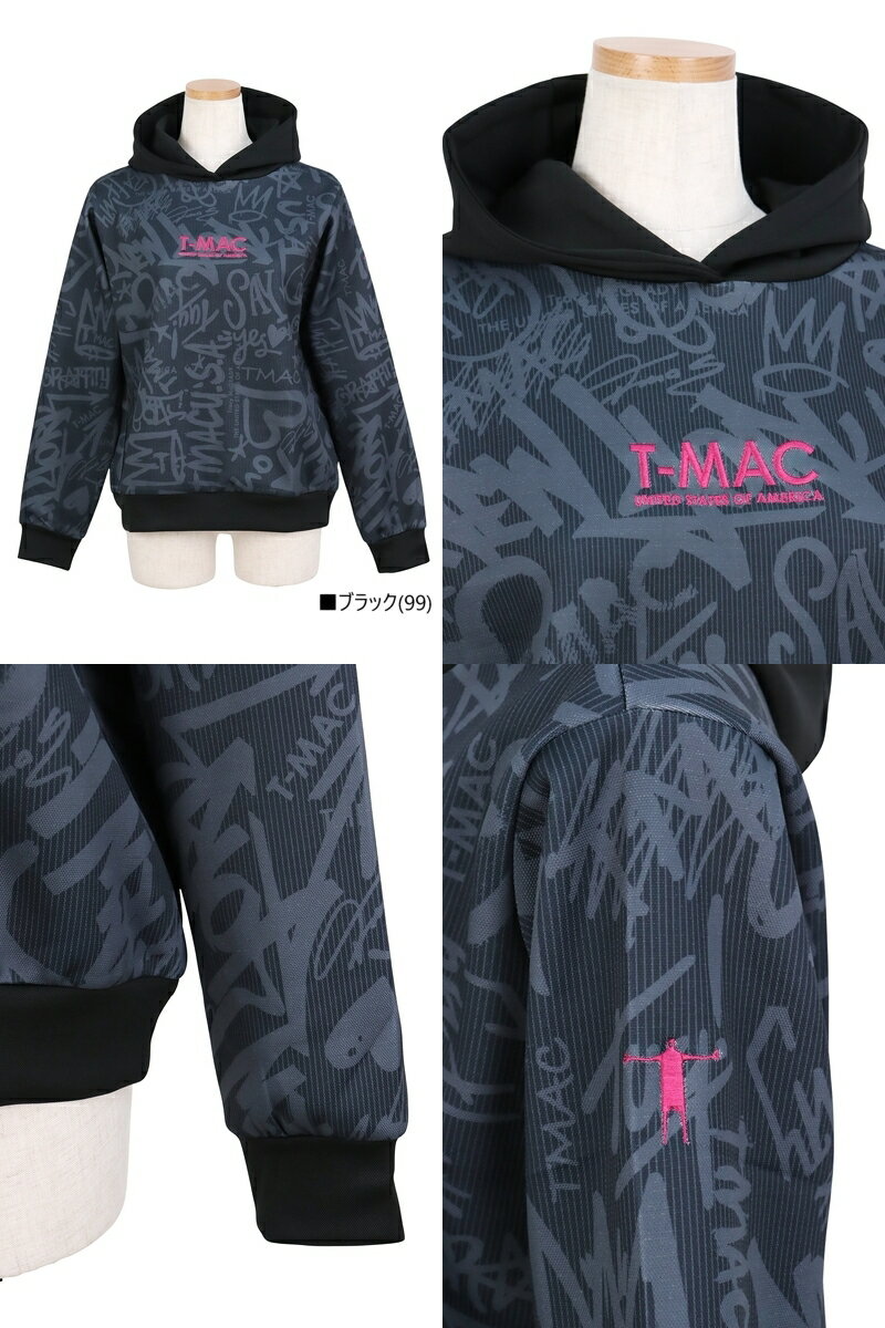 ティーマック T-MAC レディース パーカー トレーナー フーディー プルオーバー 手書き風 テキスト柄 ピンストライプ柄 総柄デザイン ロゴ刺繍付 【送料無料】 2025 秋冬 新作 ゴルフウェア