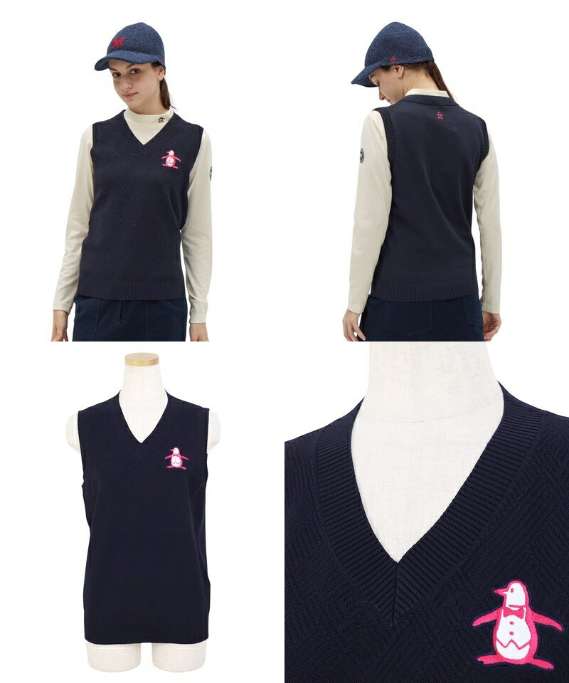 【ブラックフライデーP10倍】マンシングウェア Munsingwear レディース ベスト Vネック ニットベスト ポリエステルニット 幾何学編み ビッグペンギンロゴ刺繍 M〜3Lまでご用意 【送料無料】 2025 秋冬 新作 ゴルフウェア