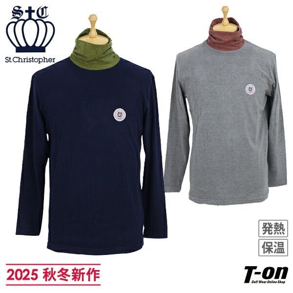 セントクリストファー St.Christopher メンズ ハイネックシャツ 長袖 タートルネックシャツ 発熱 保温 起毛感 配色ボーダー柄ハイネック シャーリングデザイン ロゴワッペン 【送料無料】 2025 秋冬 新作 ゴルフウェア