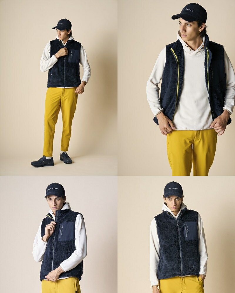 ヒールクリーク Heal Creek メンズ ベスト シャギーボアジップベスト 保温 ストレッチ 両面ボア 異素材切替デザイン 胸ポケット付 ロゴプリント付 【送料無料】 2025 秋冬 新作 ゴルフウェア