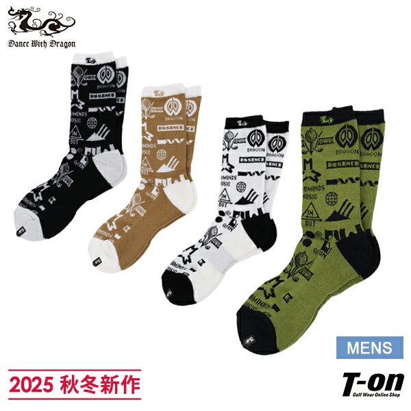 ダンスウィズドラゴン ダンス ウィズ ドラゴン DANCE WITH DRAGON DWD メンズ ソックス クルー丈ソックス 足底パイルクッション付 ロゴ総柄デザイン ドラゴン刺繍付 2025 秋冬 新作 ゴルフ