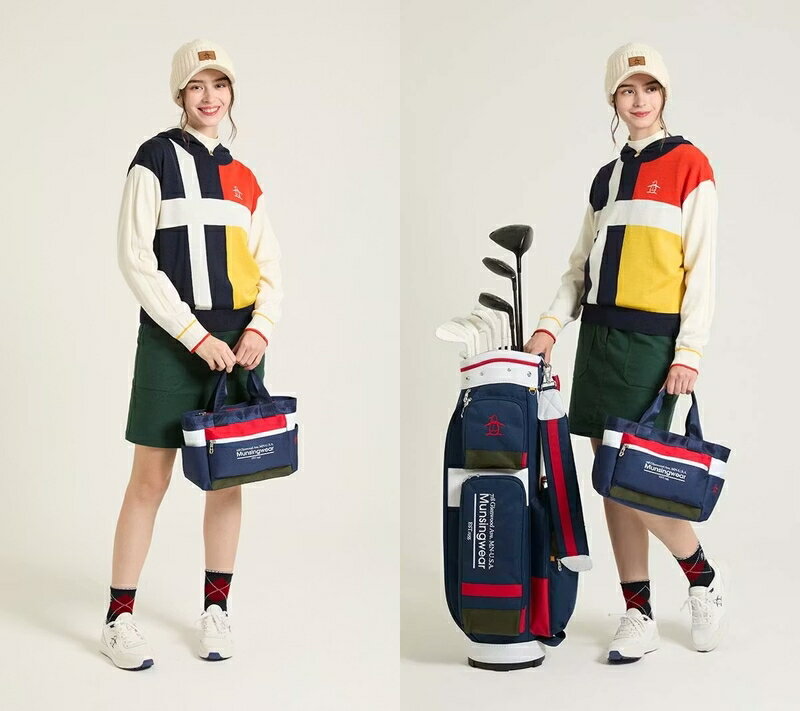 マンシングウェア Munsingwear レディース セーター 防風裏地付 クルーネックセーター ニットパーカーにもなる 2WAY パネルブロックデザイン インターシャ編み メリノウール混 M〜3L 【送料無料】 2025 秋冬 新作 ゴルフウェア