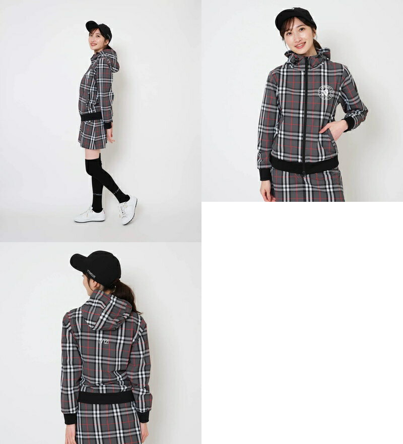 V12 ゴルフ ヴィ・トゥエルブ レディース ブルゾン フード付き ストレッチ 撥水 防風 ナイロン素材 メッシュ裏地付き タータンチェック柄 総柄 ロゴワッペン 【送料無料】 2025 秋冬 新作 ゴルフウェア