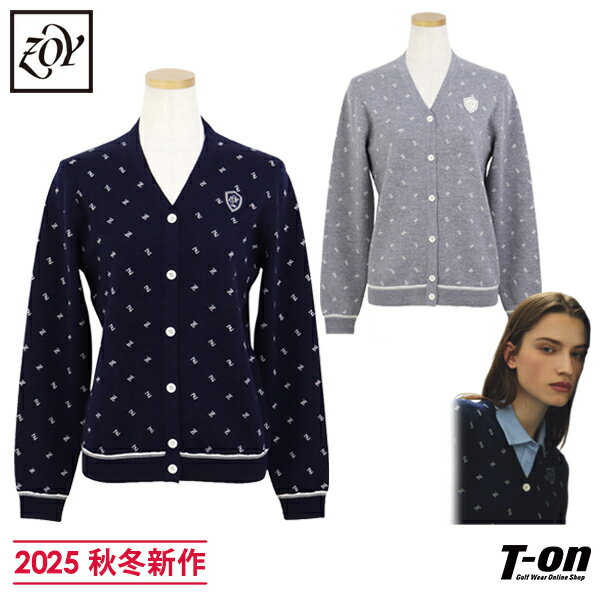 ゾーイ ZOY レディース カーディガン Vネック ニットカーディガン 手洗い可 ジャガードロゴ総柄 CASHWOOL キャシュウール 高級ニット糸使用 ウール100％ 【送料無料】 2025 秋冬 新作 ゴルフウェア