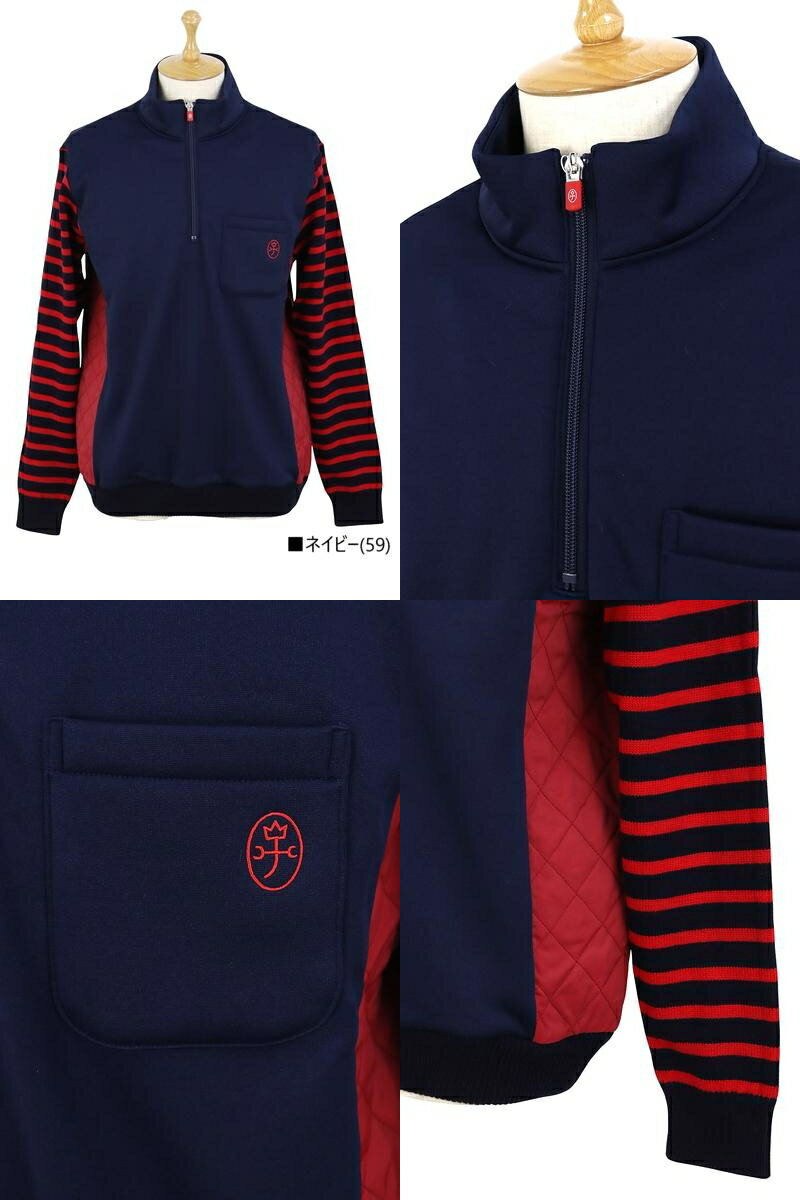 カステルバジャックスポーツ CASTELBAJAC SPORT メンズ トレーナー ハープジップ ハイネック 遠赤保温 異素材切替え 裏ボアジャージ素材×ボーダーニット×キルト素材 胸ポケット付き 犬キャラクター刺繍 【送料無料】 2025 秋冬 新作 ゴルフウェア