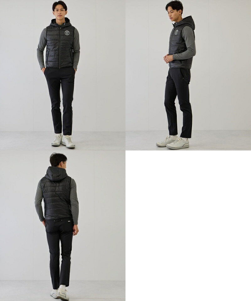 ジュン＆ロペ ジュンアンドロペ JUN＆ROPE メンズ ベスト フード付き 中綿入り 裏微起毛 保温 発熱 撥水 防寒 タフタ素材 微光沢感 ロゴワッペン 【送料無料】 2025 秋冬 新作 ゴルフウェア