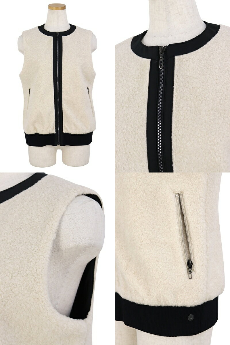 ランバン スポール LANVIN SPORT 日本正規品 レディース ベスト フェイクファーノーカラーベスト 蓄熱保温 ウール混 エコファー 異素材ディテール 裾リブ バイカラーデザイン M〜3L 【送料無料】 2025 秋冬 新作 ゴルフウェア