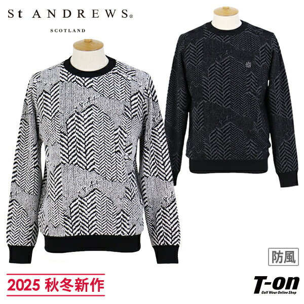 セントアンドリュース St ANDREWS メンズ セーター 防風裏地付 クルーネックニット プルオーバー ヘリンボーン柄ジャガード 総柄デザイン ケルト刺繍付 【送料無料】 2025 秋冬 新作 ゴルフウェア