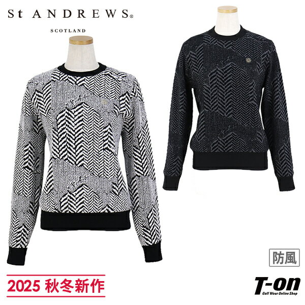 セントアンドリュース St ANDREWS レディース セーター 防風裏地付 クルーネックニット プルオーバー ヘリンボーン柄ジャガード 総柄デザイン ケルト刺繍付 【送料無料】 2025 秋冬 新作 ゴルフウェア