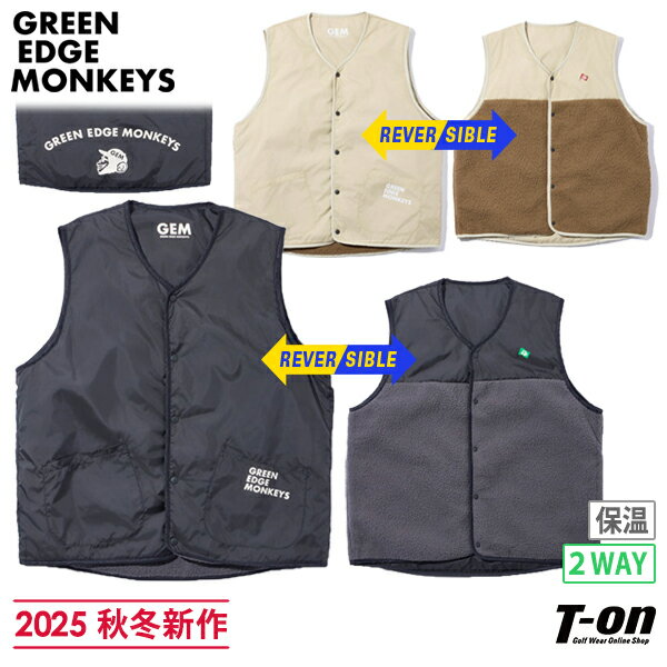 グリーンエッジモンキーズ GREEN EDGE MONKEYS メンズ ベスト Vネック リバーシブルベスト スナップボタン仕様 ボア素材 保温 モンキーロゴプリント 2WAY 【送料無料】 2025 秋冬 新作 ゴルフウェア