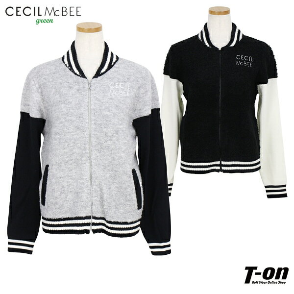 CECIL McBEE green セシルマクビー グリーン レディース ブルゾン ニットブルゾン プードルニット スタジャンデザイン カラー切替 リブライン ロゴ刺繍 【送料無料】 ゴルフウェア