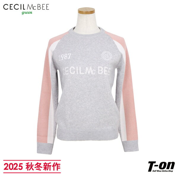 CECIL McBEE green セシルマクビー グリーン レディース セーター クルーネックニット プルオーバー 袖配色切替 ラインデザイン ロゴ刺繍付 カシミヤ混 【送料無料】 2025 秋冬 新作 ゴルフウェア