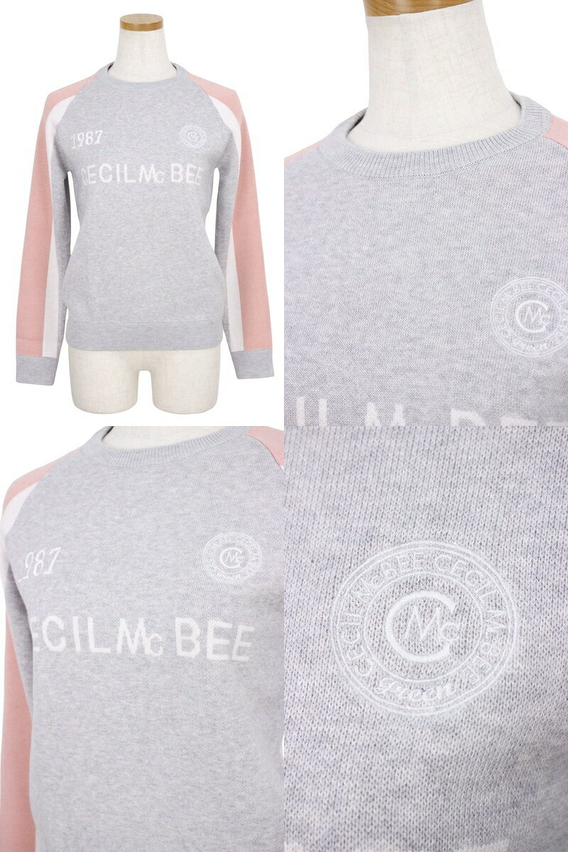 CECIL McBEE green セシルマクビー グリーン レディース セーター クルーネックニット プルオーバー 袖配色切替 ラインデザイン ロゴ刺繍付 カシミヤ混 【送料無料】 2025 秋冬 新作 ゴルフウェア