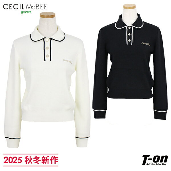 CECIL McBEE green セシルマクビー グリーン レディース ポロシャツ 長袖 ニットポロシャツ 配色ラインデザイン 金ボタン ロゴ刺繍付 クロップドトップス 【送料無料】 2025 秋冬 新作 ゴルフウェア