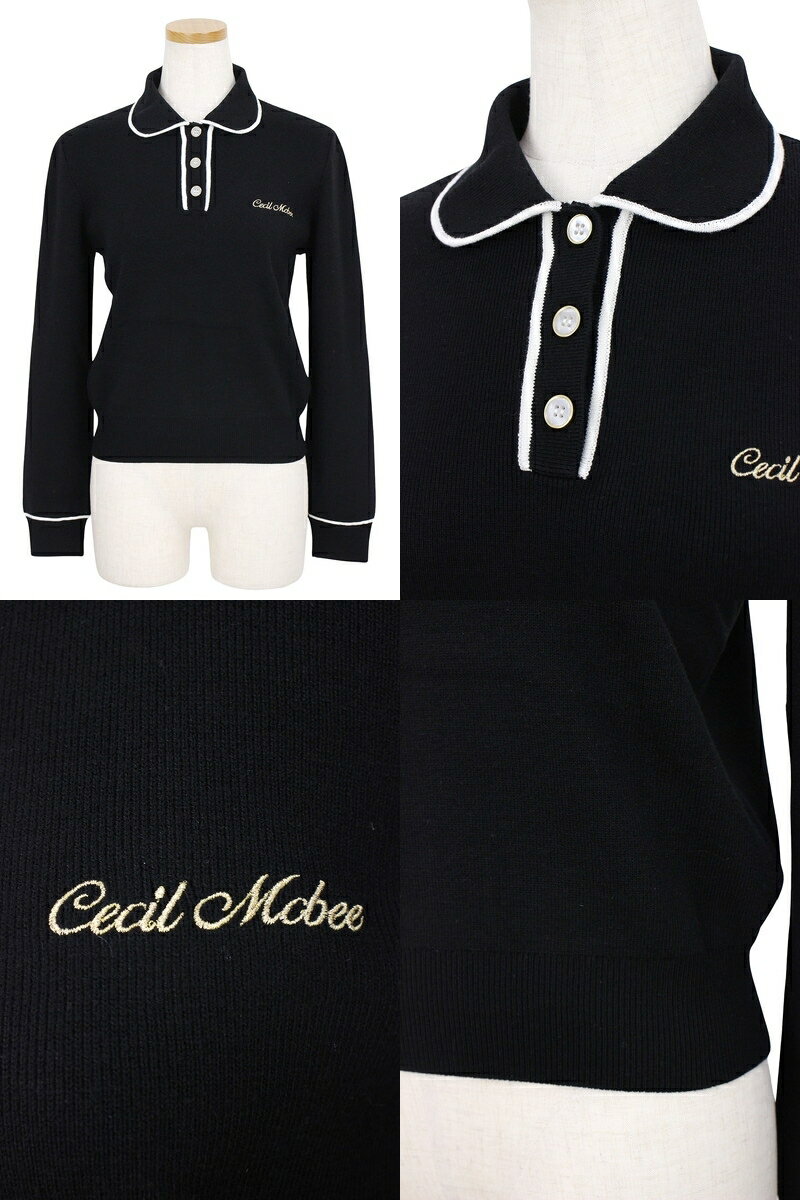 CECIL McBEE green セシルマクビー グリーン レディース ポロシャツ 長袖 ニットポロシャツ 配色ラインデザイン 金ボタン ロゴ刺繍付 クロップドトップス 【送料無料】 2025 秋冬 新作 ゴルフウェア