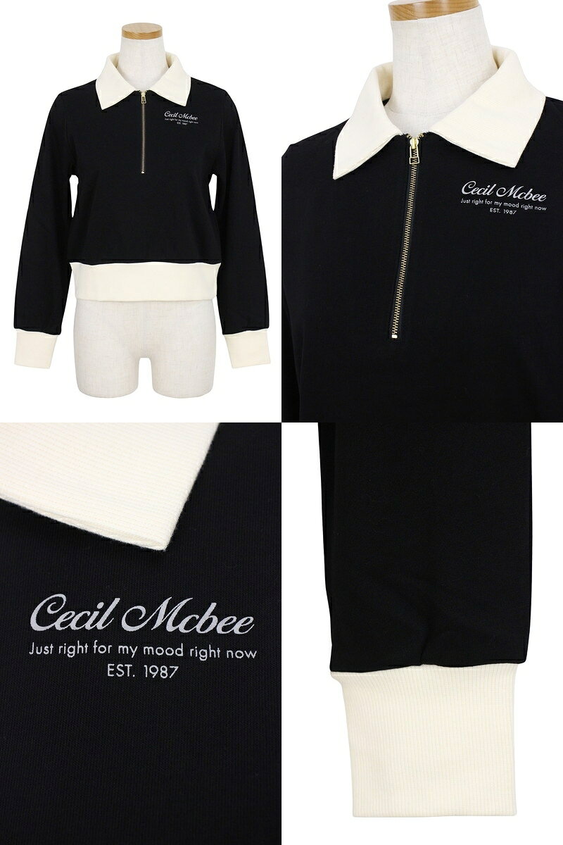 CECIL McBEE green セシルマクビー グリーン レディース トレーナー ハーフジップ スウェットポロ ポロ衿付 ポロシャツ風デザイン バイカラー ロゴプリント クロップドトップス 【送料無料】 2025 秋冬 新作 ゴルフウェア