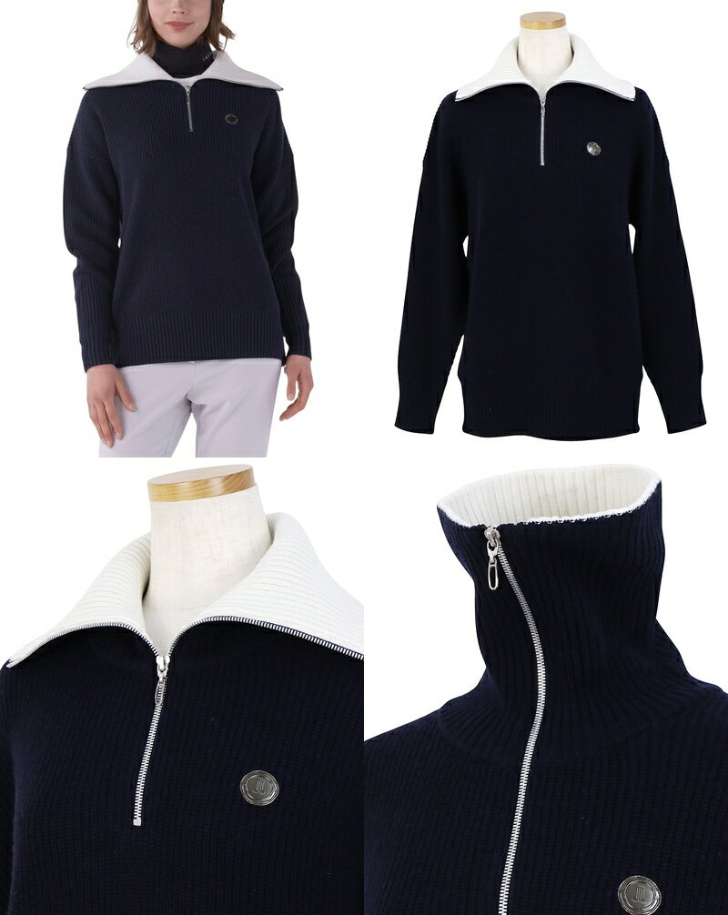 【大感謝祭P10倍】ランバン スポール LANVIN SPORT 日本正規品 レディース セーター ハーフジップアップ ロールカラー ニット ウール混紡 畦編み 長め着丈 ゆったりシルエット サイドファスナー 配色テープ ロゴワッペン 【送料無料】 2025 秋冬 新作 ゴルフウェア