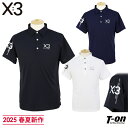 キックスリー KI-XXX THREE メンズ ポロシャツ 半袖 台衿付きシャツ ロゴプリント メタリック立体ロゴワッペン シンプルデザイン 【送料無料】 2025 春夏 新作 ゴルフウェア