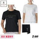 ランバン スポール LANVIN SPORT 日本正規品 レディース Tシャツ 半袖 クルーネック 丸首 コットン混紡 微光沢感 ラメロゴ刺繍 裾サイド飾りボタ...