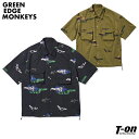 グリーンエッジモンキーズ GREEN EDGE MONKEYS メンズ カジュアルシャツ 半袖 ブラウス 前開きシャツ ストレッチ ゴルフコース風プリント柄 胸...