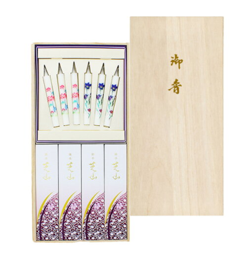 銘香芝山 桐箱 絵ろうそくセット 日本香堂 #65012 銘香芝山 桐箱 絵ろうそくセット 日本香堂 #65012