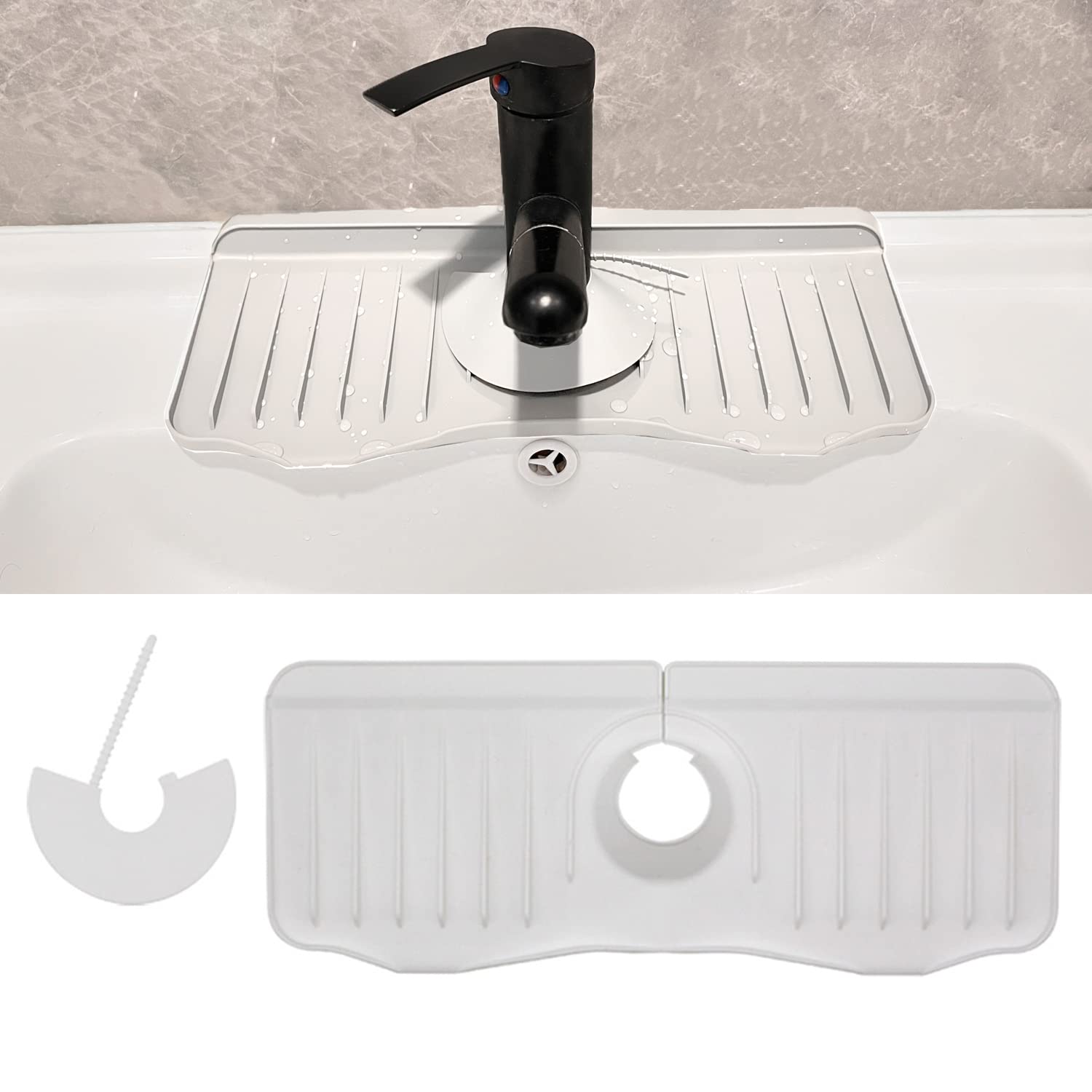 蛇口水切りマット シリコン 蛇口排水マット 蛇口カバー付き 水汚れ防止 速乾 抗菌 防カビ 乾燥用マット 滑り止め キッチン バスルーム 洗面台 トレイ用排水マット 長い ロング 水垢防止 キッチン 便利グッズ おしゃれ 洗面所(グレー/ブラック/ホワイト)