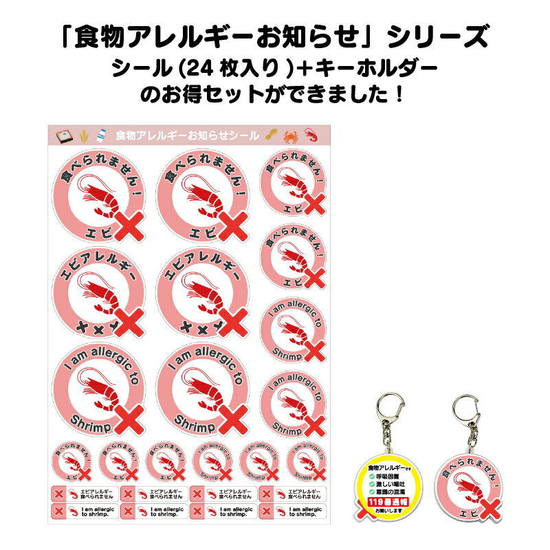 【おまけ】シール＋キーホルダーのお得セット 食物アレルギーお知らせグッズ 「食べられません！」名札やカバンにたくさん貼れるA4ステッカーシート アレルゲン 周知シール 認知シール 周知キーホルダー エビ カニ たまご くるみ ピーナッツ 小麦 乳製品 2