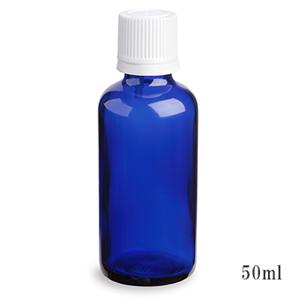 スタンダードタイプ遮光瓶（ブルー）白キャップ50ml　（アルコール、エタノール対応）30本セット　30％割引バルク販売（ドロッパー付きセイフティーキャップ）