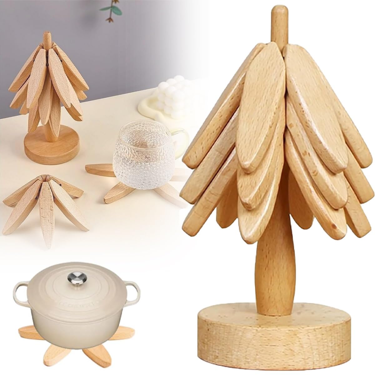 【3個セット/4個セット】ツリーコースター 木製 折りたたみ式 テーブルマット ティーポットコースター 断熱パッド 多機能 装飾 耐熱性 熱い鍋 フライパン キッチン 装飾 鍋敷き ウッド ティートレー カフェトレー カップ グラス 北欧 お家 プレゼント