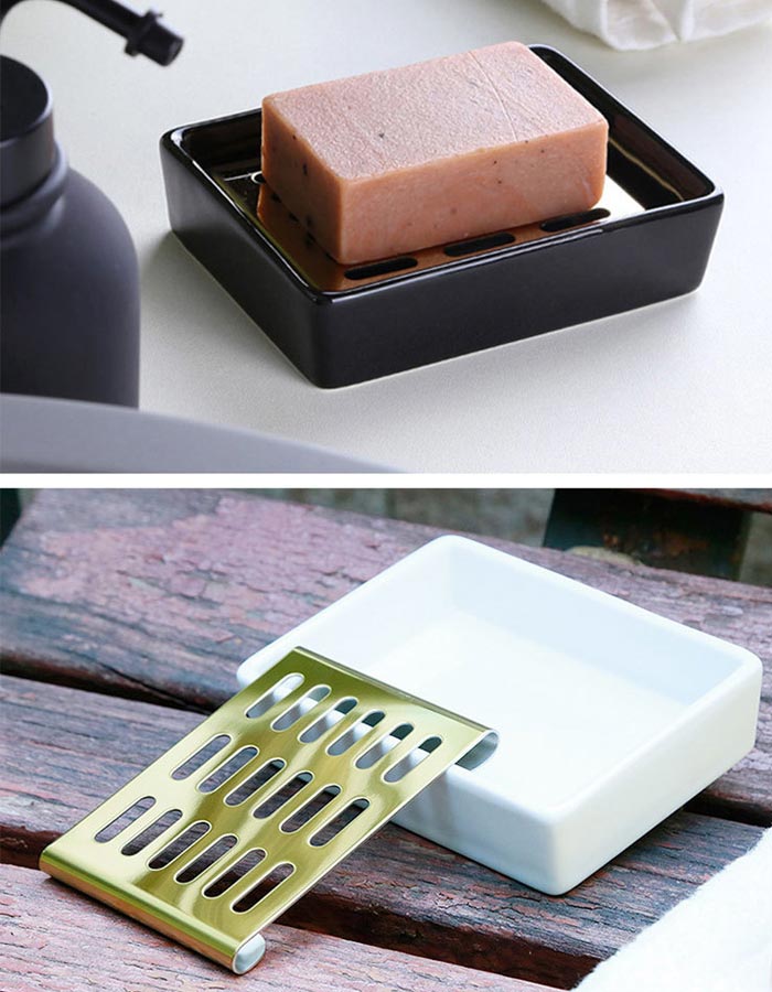 同色2個セット バスルームソープラック ソープディッシュ ソープデ 石鹸置き ィッシュ 石鹸ケース セラミック+ステンレス鋼 二層水切り 滑り止め バスルームシ...