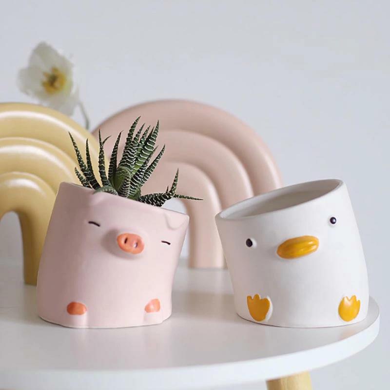 植木鉢 2個セット 多肉植物鉢 かわいい ミニ陶器鉢 癒し 鴨 豚 動物型 サボテン鉢 円筒形 小型 家庭 オ..