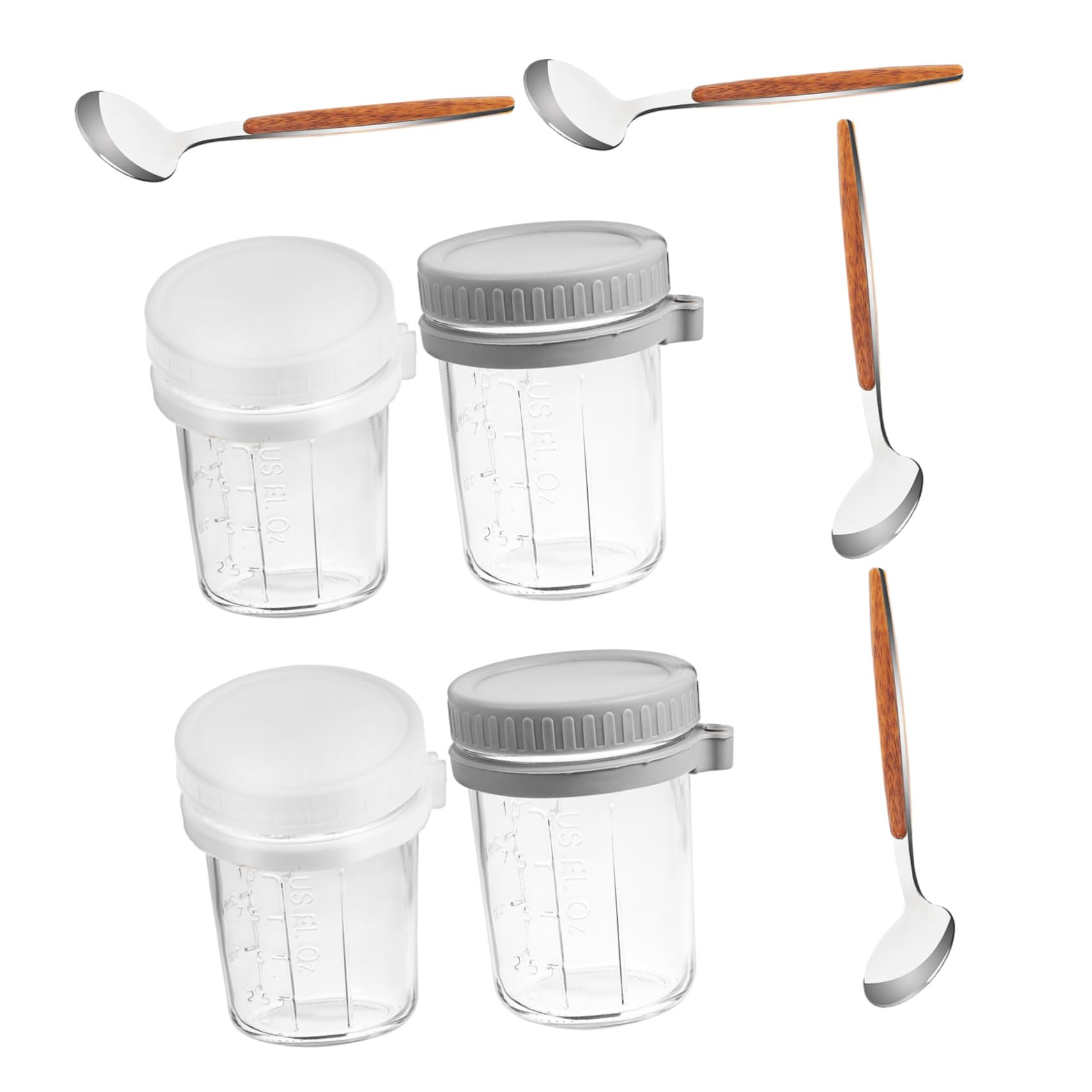 4個燕麦杯酸奶早餐杯 密封蓋付き ガラス製オーバーナイトオーツ容器 スプーン一体型 携帯便利 ポリッジ..