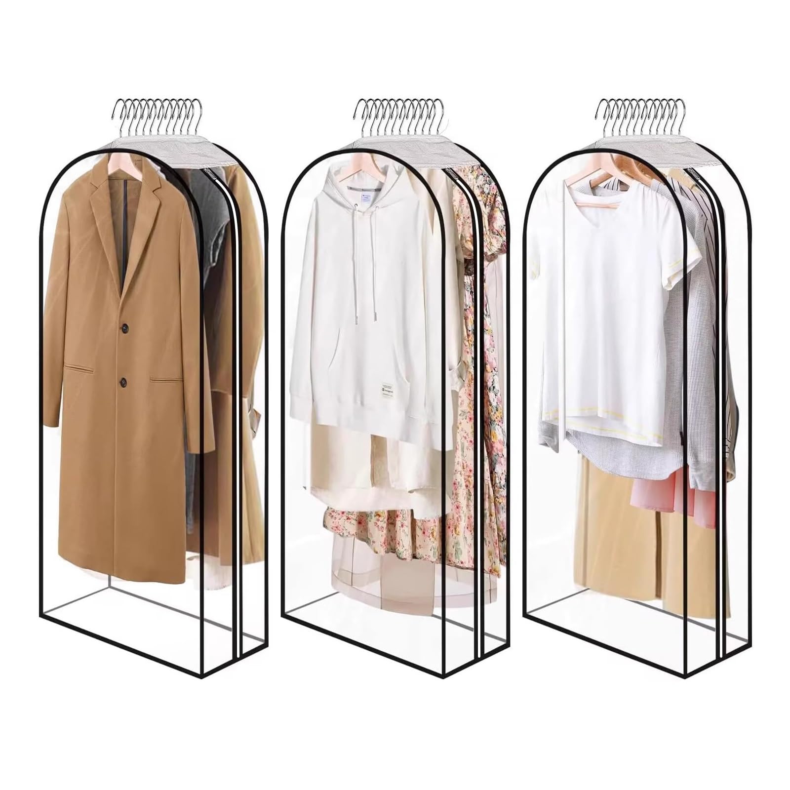 【3枚組】衣類カバー 幅広 厚手衣類対応 ロングサイズ 吊り下げたまま使える ゆったり シワになりにくい 洋服カバー 通気性 ホコリ/ダニなども防ぐ 透明窓 収納 シャツ ジャケット ドレス 整理整頓 ブラック ホワイト プレゼント ギフト 贈り物 送料無料