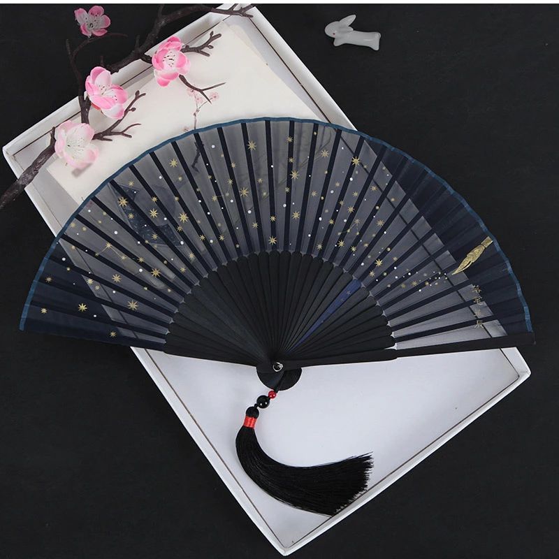 涼しい 夏用 携帯用 猛暑対策 せんす 誕生日プレゼント 折りたたみ 竹製 星空柄 シルク 母の日プレゼン..