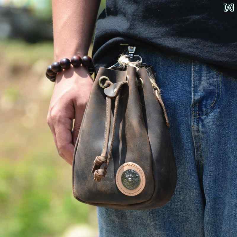 ベルトポーチ 革 メンズ ウエスト バッグ 巾着 小銭 小物入れ 財布 おしゃれ シンプル めし レザー 小型 コインケース 鍵 携帯 イヤホン マルチ 収納 袋 カラビナ 吊り下げ レトロ バイク アウトドア アメカジ ブラウン ブラック