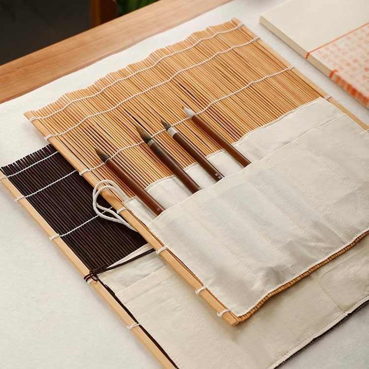 筆がズレ落ちにくく、分けてキレイに収納できる！ 筆袋付き 筆巻き 書道 習字 道具 竹 筆入れ 筆ケース..