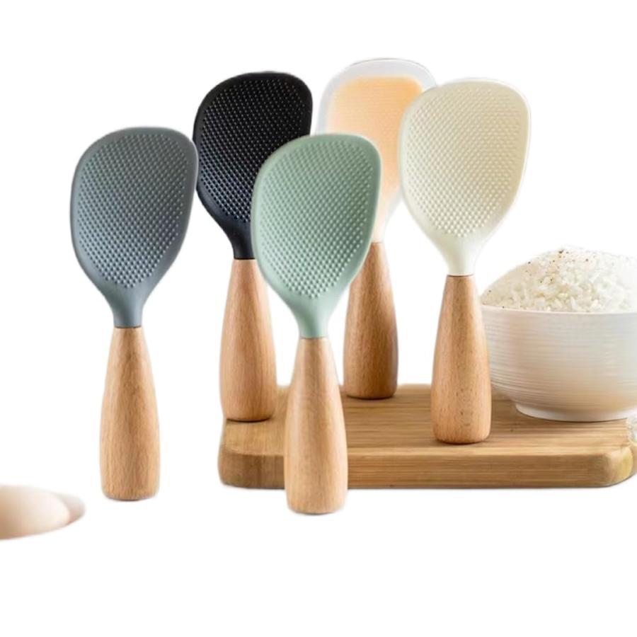 しゃもじ シリコン ご飯 スプーン スタンド式しゃもじ 木製 ハンドル シリコン スプーン シリコン 調理..