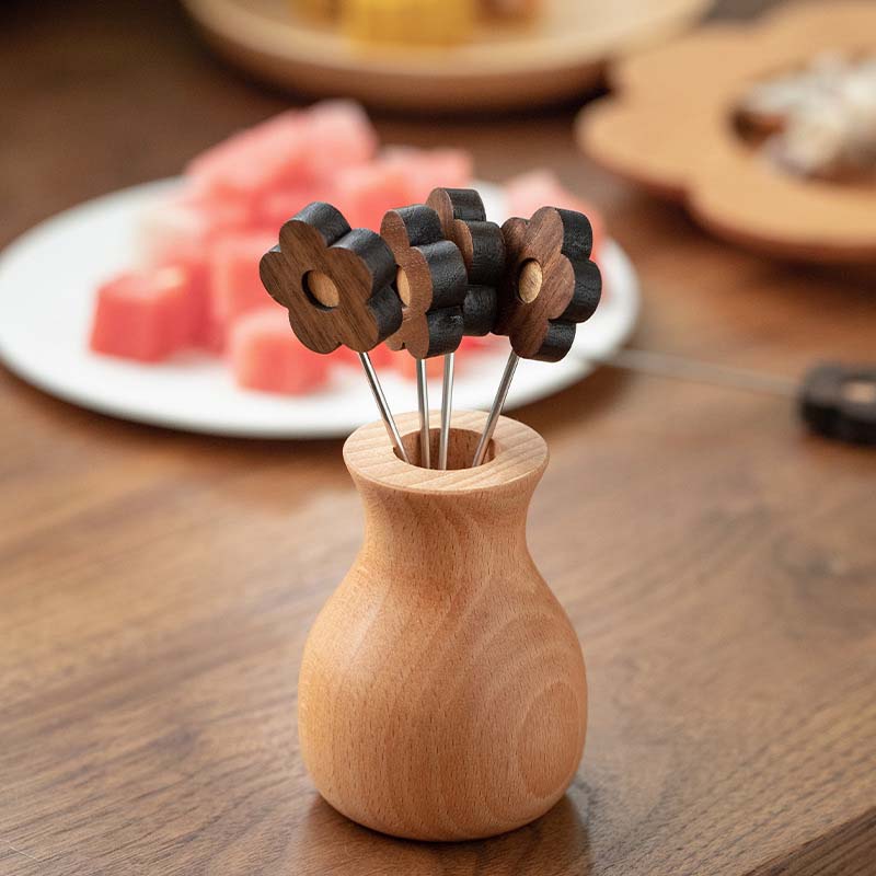 ケーキフォーク フルーツピック セット 5本入り 木製 ステンレス 果物フォーク キッチン雑貨 木製のオブジェ ミニフォークおしゃれ 和菓子 スイーツ パーティー イベント くだもの フルーツ(3)