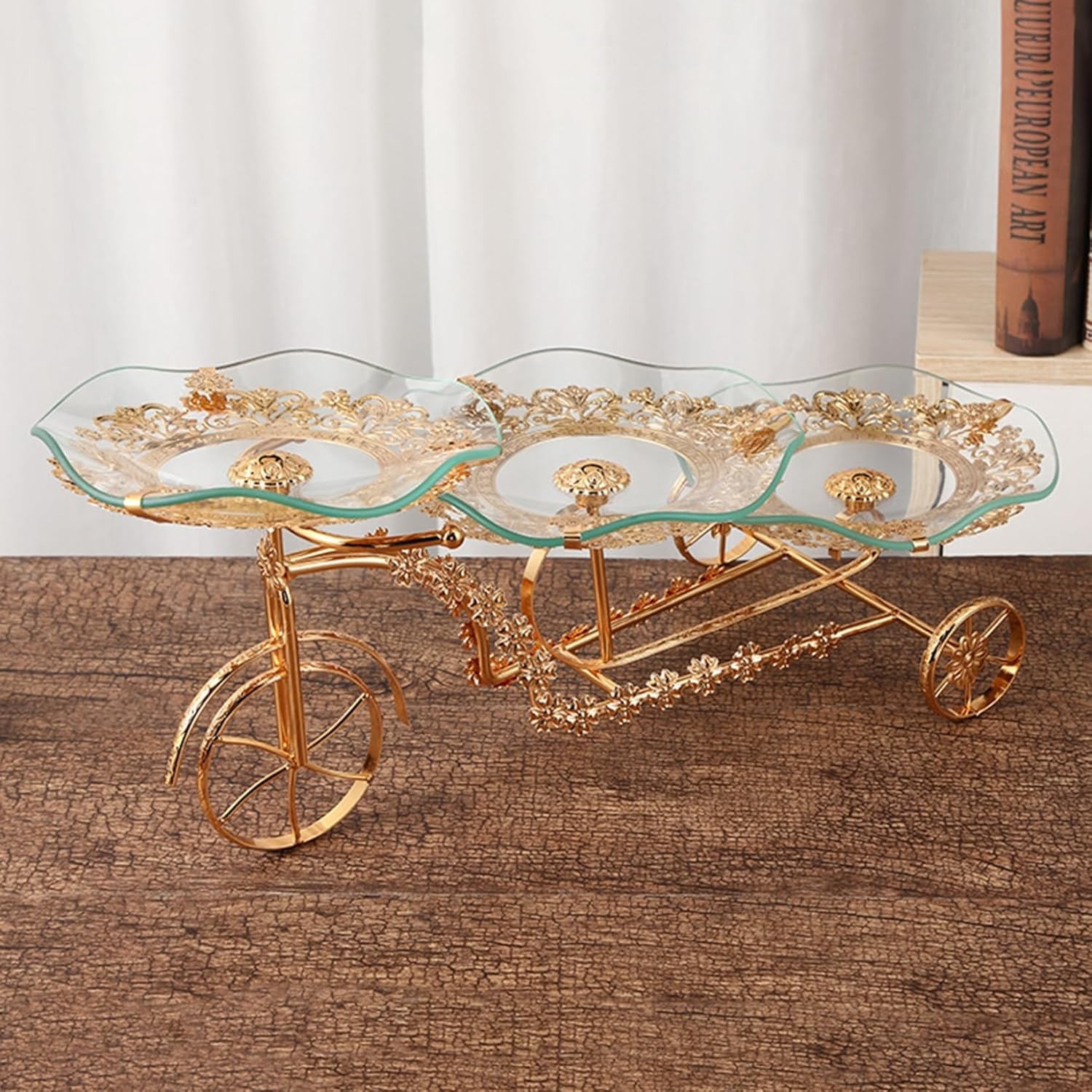 透明ガラス 3層 ケーキスタンド デザートラック 自転車形 円形 アフタヌーンティー フルーツ 菓子 パー..