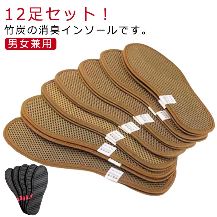 12足セット 消臭 インソール メンズ レディース 竹炭 抗菌 吸汗 除湿 脱臭 デオドライズ 足が臭わない 靴 中敷き 通気性 洗える 黒 ブラック キッズ 大人用 子供用 男女兼用 送料無料 22.5-27.5cm