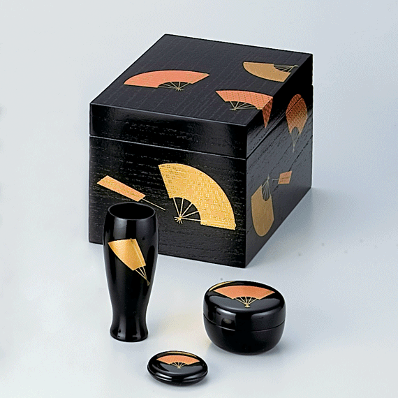 【茶道具 / 茶箱】利休茶箱 掻合塗 扇面 湖彩作（化粧箱）(3点セット付)