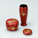 【茶道具/茶箱】塗 三点セット 朱 高台寺 宗悦作 (木製) (棗・香合・茶せん筒)
