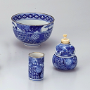 【茶道具 / 茶箱】 高野昭阿弥作 / 祥瑞 山水 三点セット (茶碗・振出・茶きん筒)