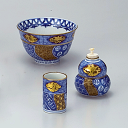 【茶道具 / 茶箱】 高野昭阿弥作 / 金襴手 腰捻 三点セット (茶碗・振出・茶きん筒)