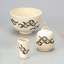 【茶道具 / 茶箱】 香泉作 / 仁清 破七宝 三点セット (茶碗・振出・茶きん筒)